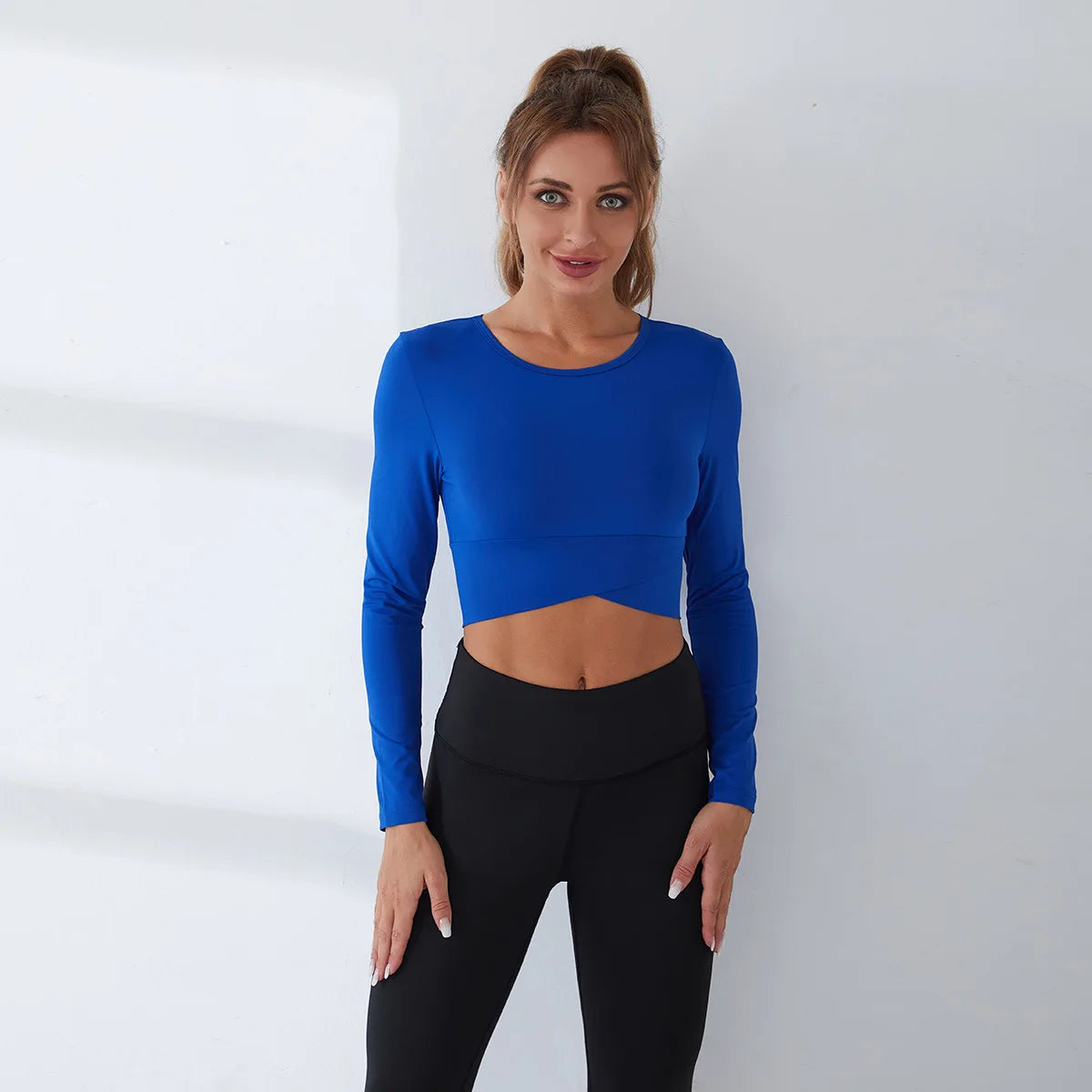 Crop Tops Women Yoga T-shirts Solid Sports Top Long Sleeve Running Shirts Sexy Exposed Navel Quick Dry Fitness Gym Sport Wear