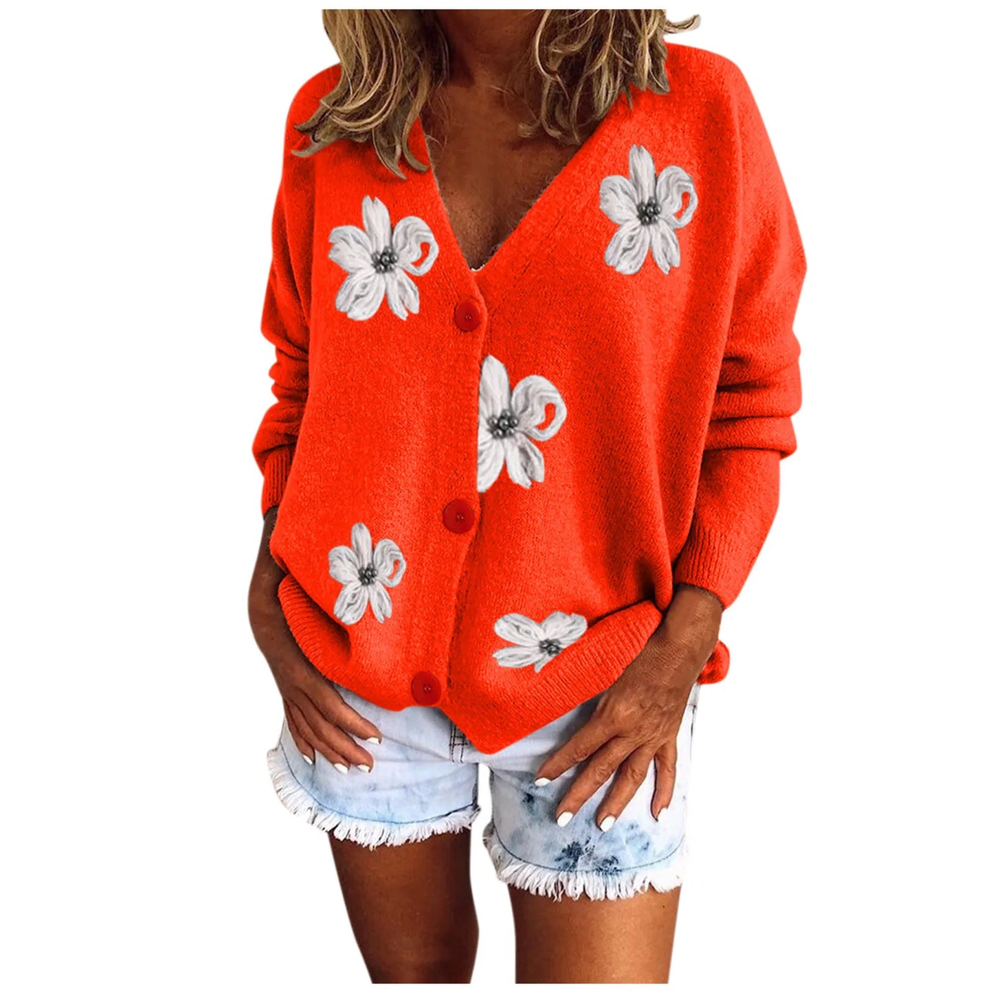 Women's Floral Embroidered Knit Sweater Cardigan Slim V-Neck Long Sleeve Sweater Cardigans Button Down Knitted Sweater Blouse