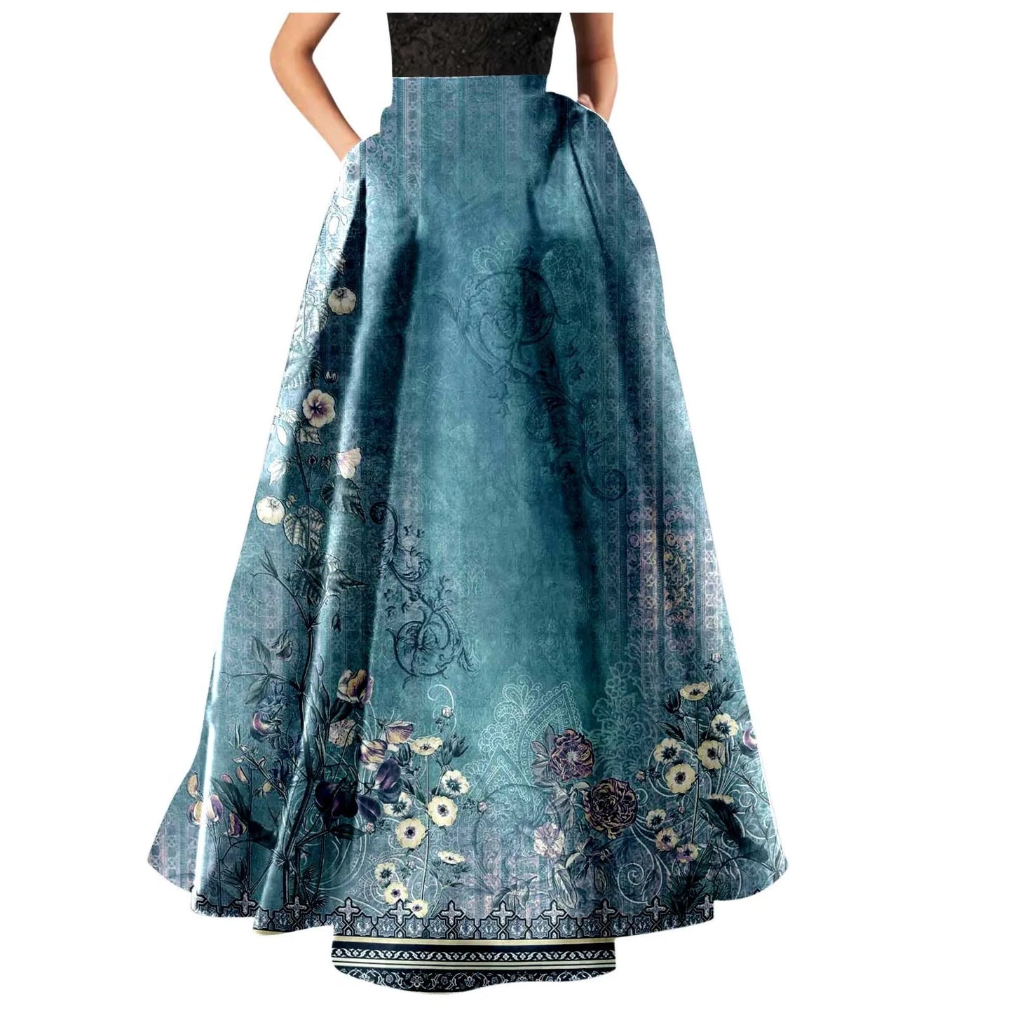 Summer Bohemian Print Long Skirts Women Boho Holiday Floral Skirt High Waist Loose Female Beach Pleated Maxi Skirts Faldas