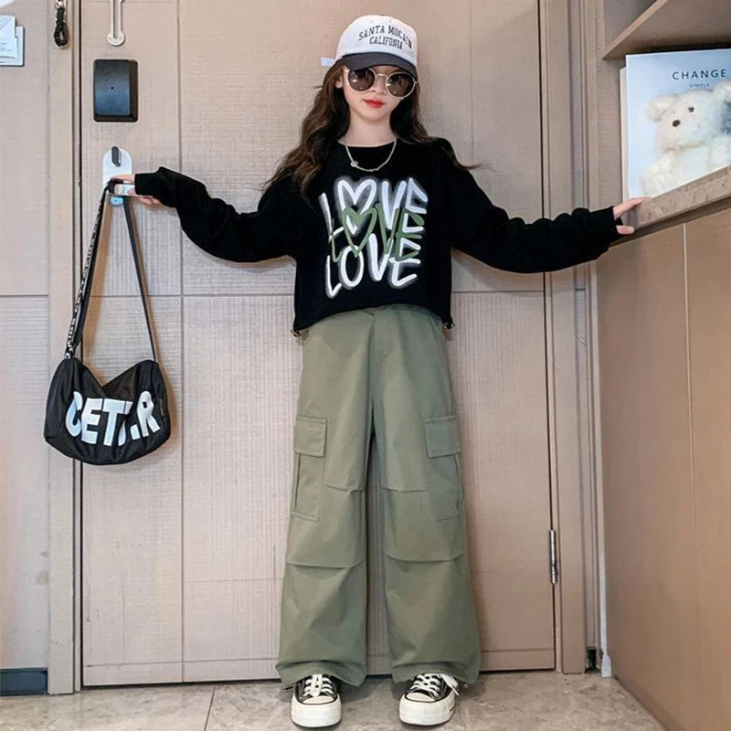 Kid Girls Sweater+Cargo Pants 2Pcs Suit Autumn Teen Clothing Set Fashion Letter Printing Outfits Spring New Tracksuit 3-14 Years