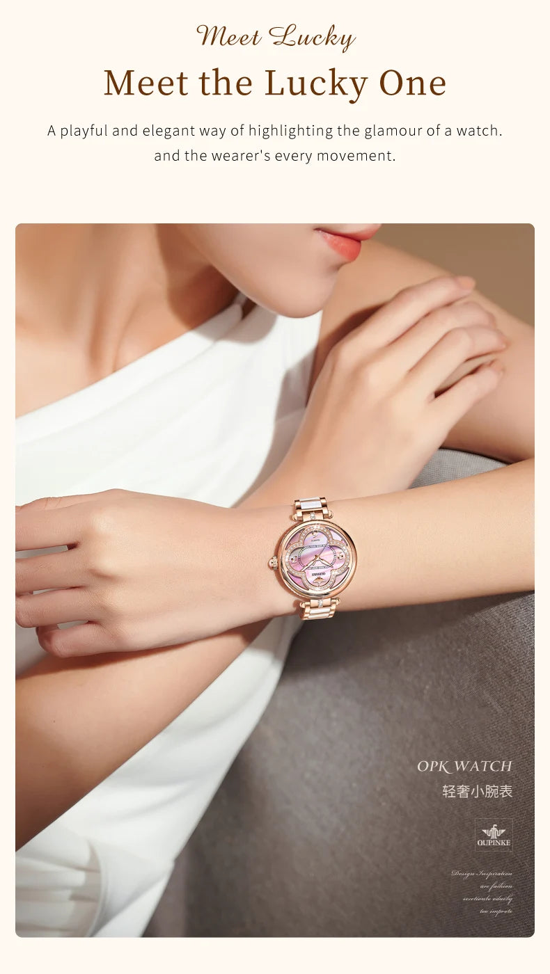 OUPINKE Original Elegant Fully Automatic Women's Mechanical Watches Waterproof Ceramic Tape Lucky Grass Watch for Women Luxury