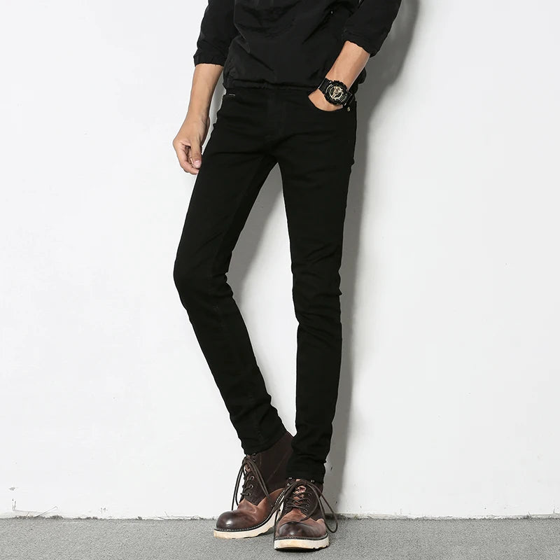 Fashion Mens Slim Fit Denim Pencil Pants High Quality Black White Skinny Stretch Jeans Mens High Street Jeans Four Season