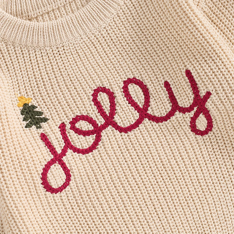 0-36months Baby Christmas Sweaters Lettering Embroidered Cozy Long Sleeve Ribbed Knit Pullover for Toddlers Boys And Girls