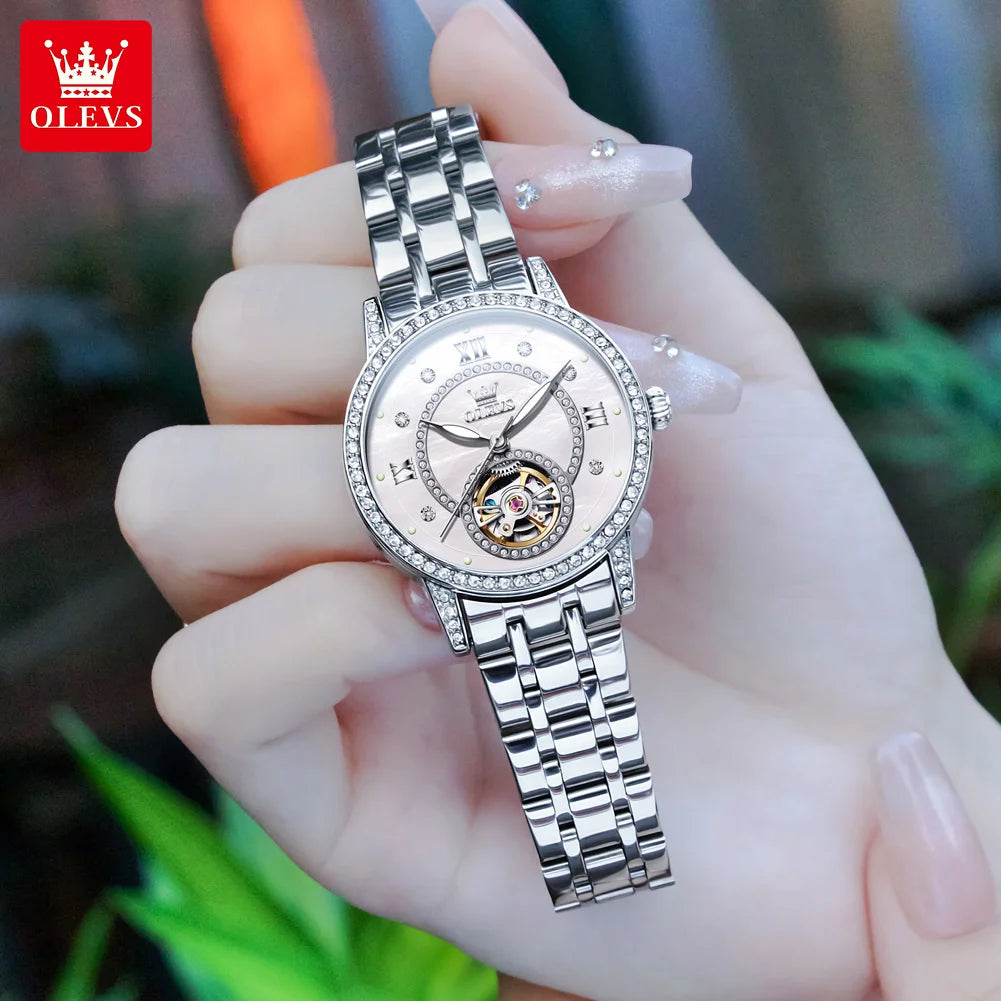 OLEVS Top Brand Women's Watches Elegant Shining Brightly Dial Original Wristwatch Waterproof Automatic Mechanical Flywheel Watch