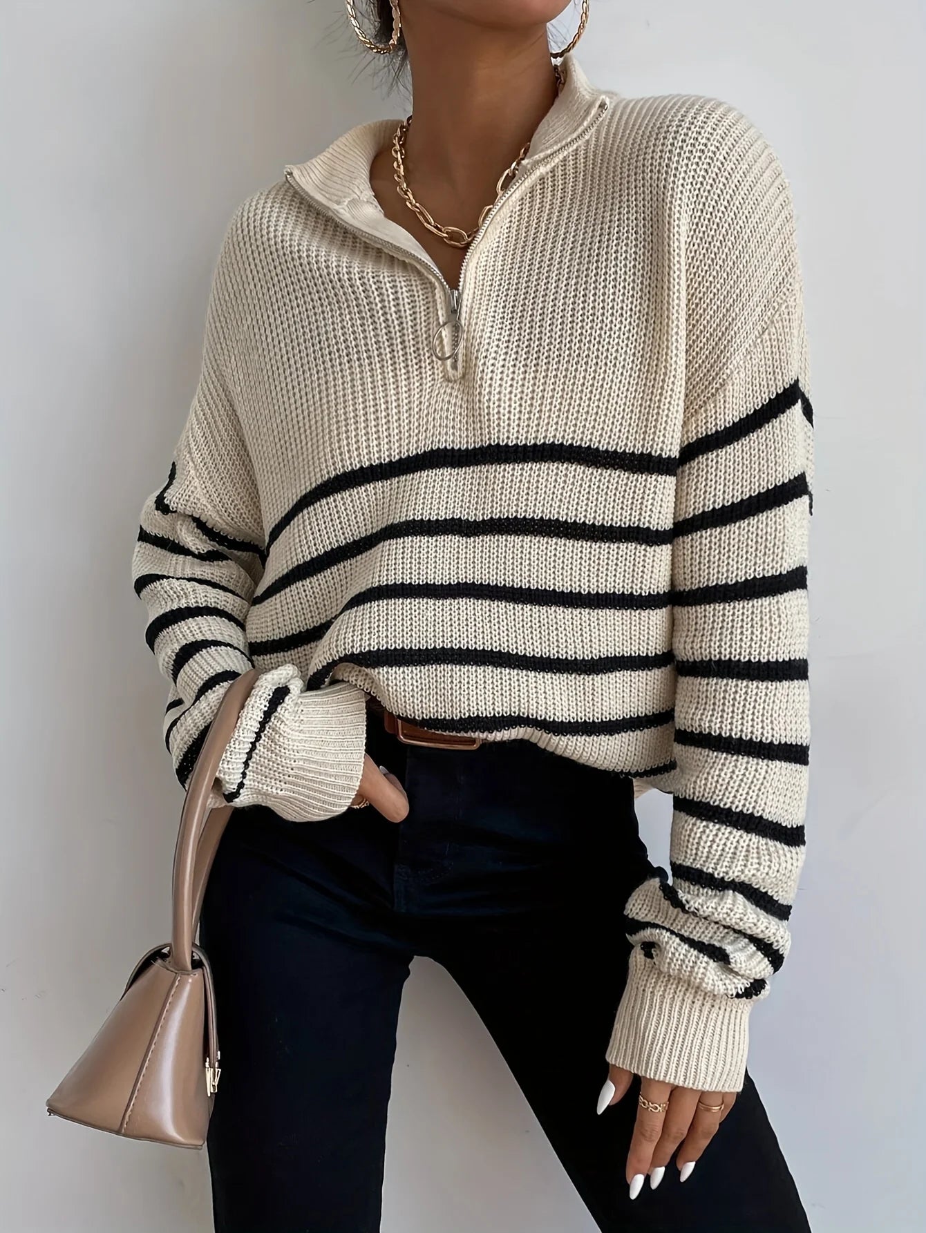 Plus Size Women's Autumn Fashion Striped Knitted Sweater with Lapel Long Sleeved Zipper Sweater Commuting Casual Holiday Top