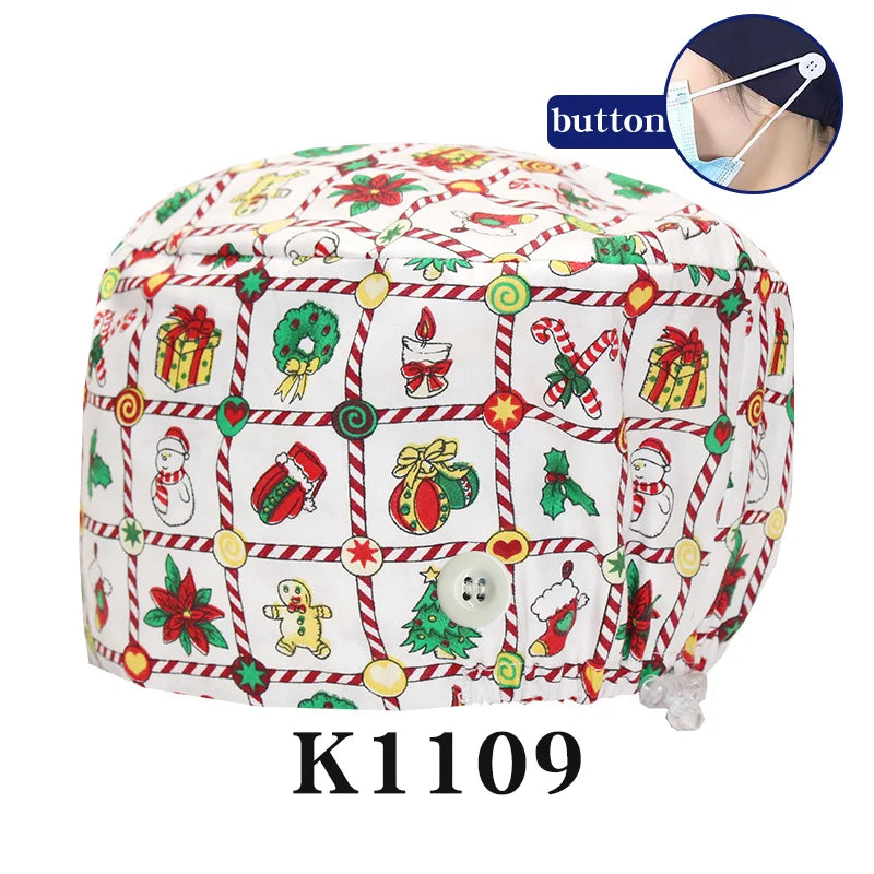 Santa Claus Print Surgical Caps Christmas Scrub Hats Dental Hospital Nurse Headwear Durable Medical Caps Soft Cotton K1093