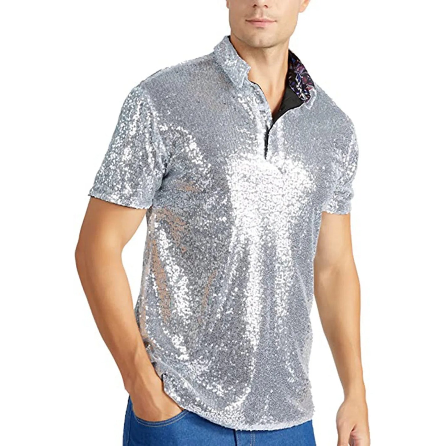 Men'S Relaxed Short Sleeve Turndown Sparkles Sequins Polos Shirts 70s Disco Nightclub Party T Shirts Shirt Men'S Clothing