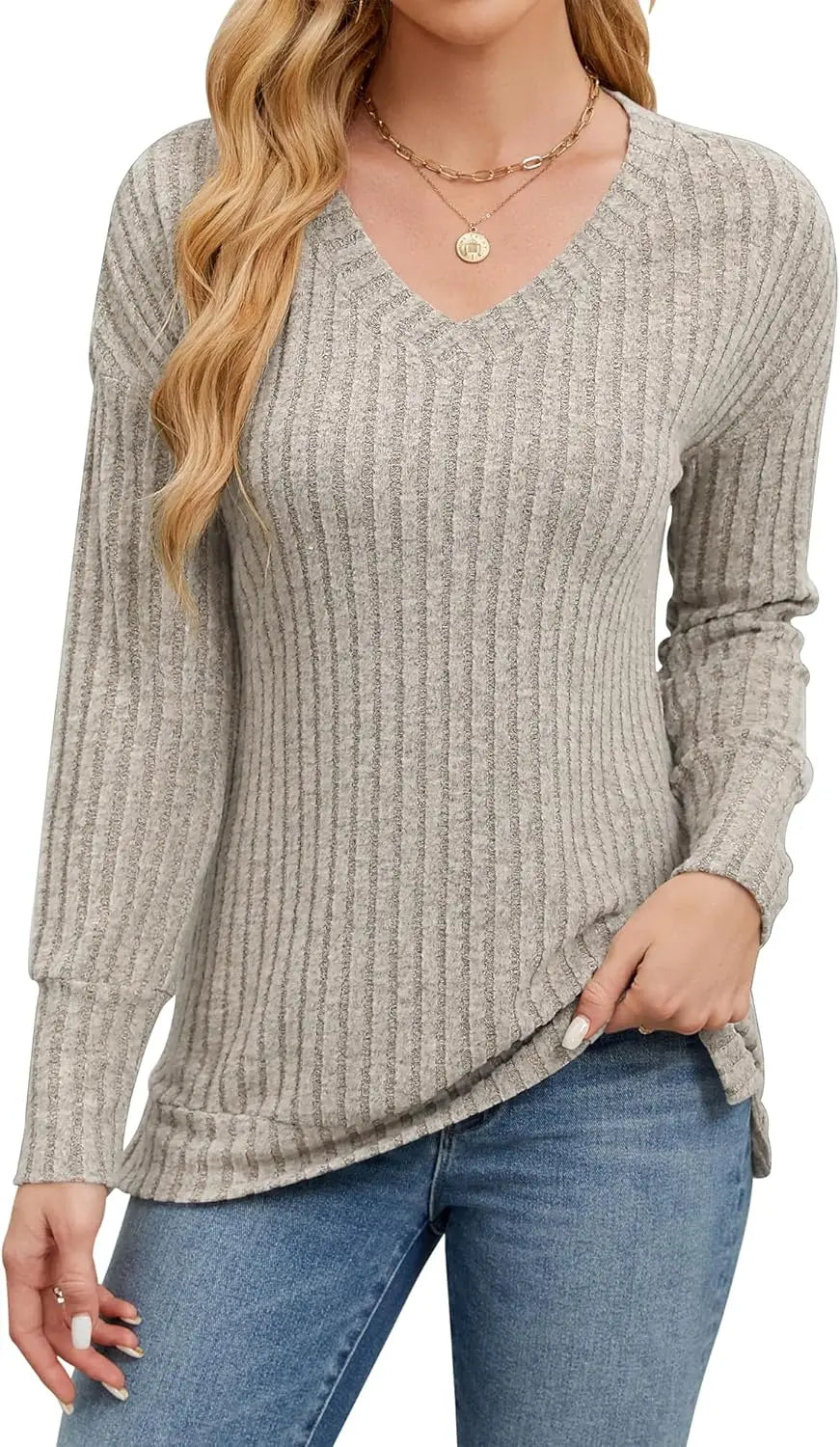 Womens V Neck Sweaters Lightweight Long Sleeve Tunic Tops Shirts Casual Sweatshirt Trendy