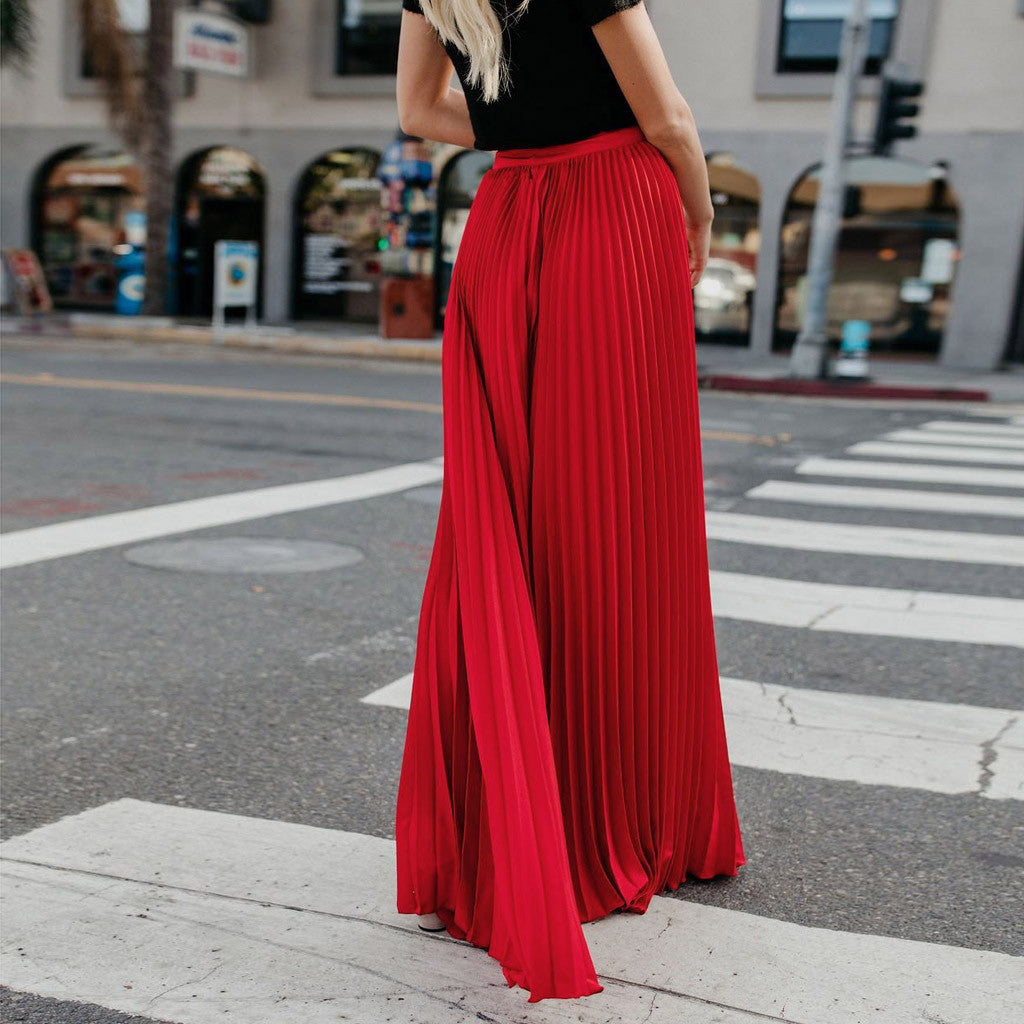 2022 Fashion Womens A-line Pleated Red Skirts Summer Jupe Longue Elastic Vintage Elegant Chic Loose Long Skirt Dropshipping