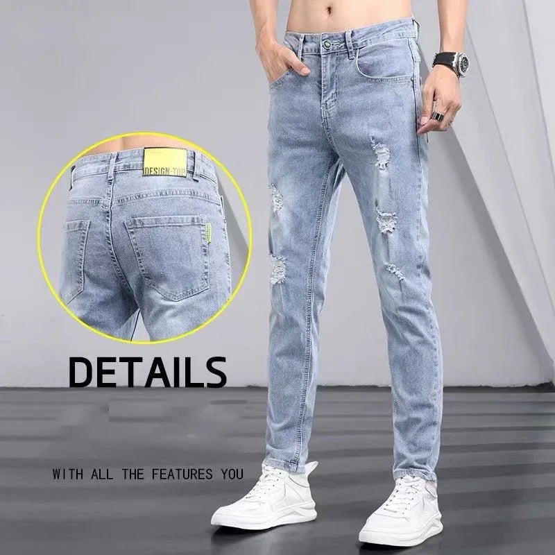 Boyfriend Daily All-match Pencil Distressed Jeans Men Casual Slim Fit Denim Pants Narrow Leg Ripped Pants Skinny Solid Trousers