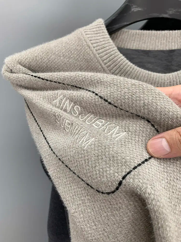 Winter Men's Warm Fleece Sweater O-Neck Embroidered Casual Knitted Inner Lap Pullovers Thick Thermal Underwear Sweater