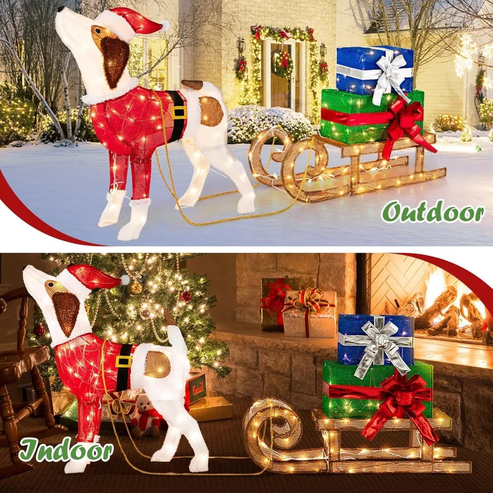 Lighted Christmas Dog with Sleigh & Gift Boxes Combo Decorations, Xmas Lighted Indoor Decorations, Pre-lit Christmas