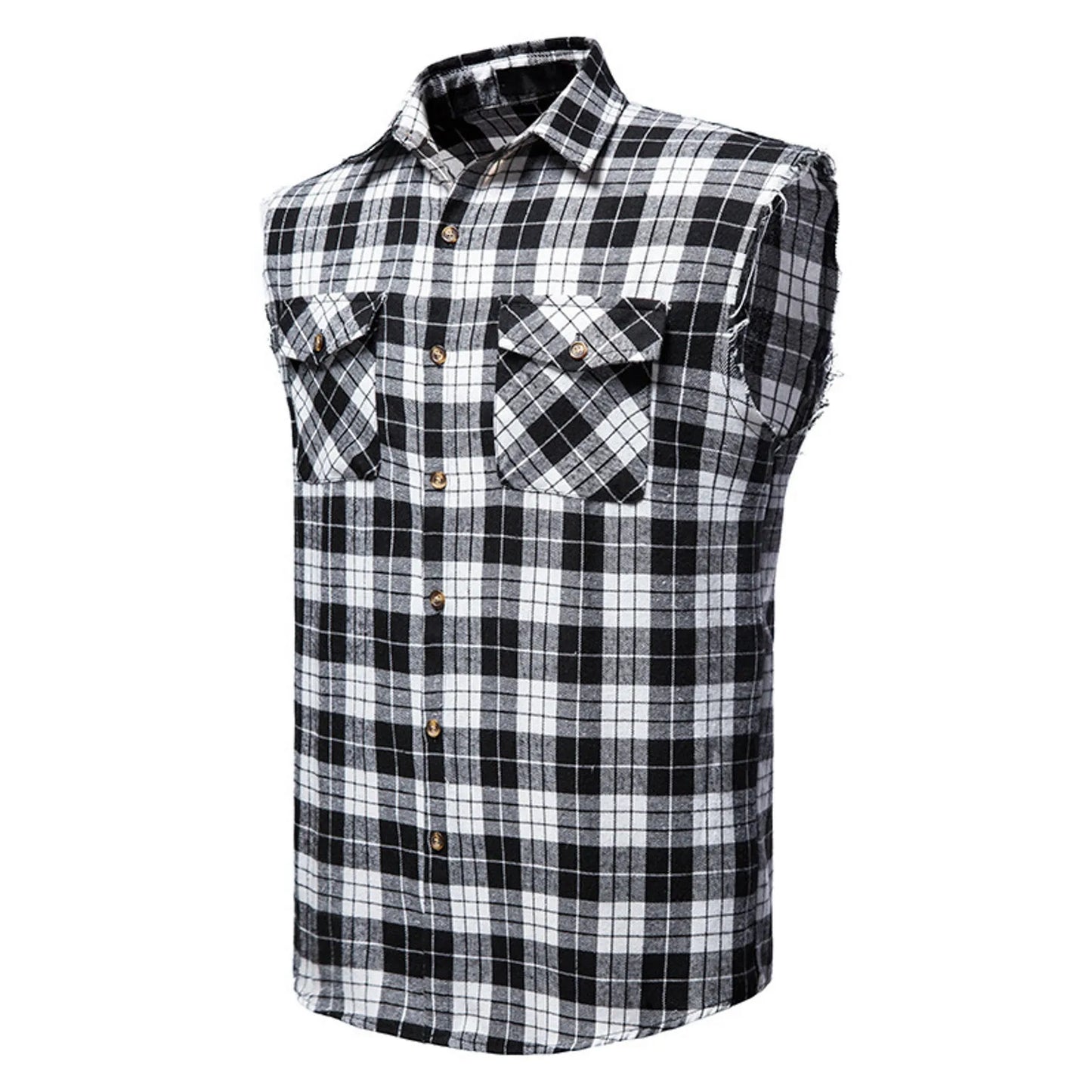 Men's Casual Flannel Plaid Shirt Sleeveless Double Pocket Cowboy Button Down Shirts Men Cotton Plus Size Vest Checkered Top 2XL