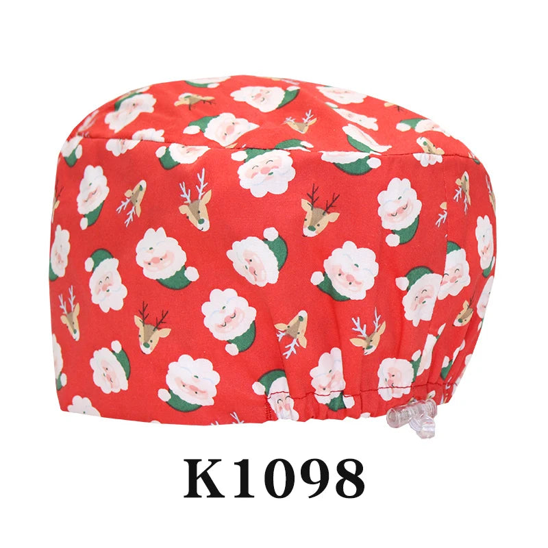 Santa Claus Print Surgical Caps Christmas Scrub Hats Dental Hospital Nurse Headwear Durable Medical Caps Soft Cotton K1093