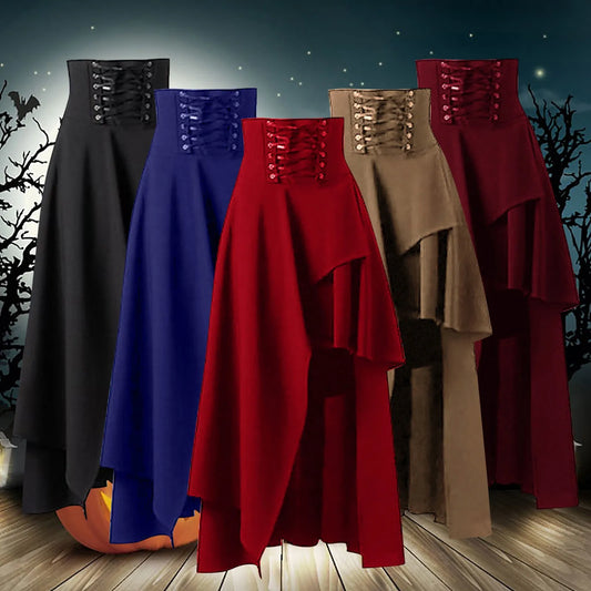 Vintage Women Gothic Skirts 19s Medieval Lace-Up A Line Midi Skirt Black Victorian Asymmetrical Skirt Y2K Costumes Faldas