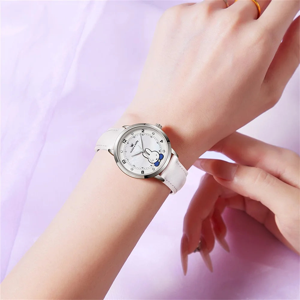 OLEVS & Miffy Joint Edition Women's Watches Casual Cute Style Original Quartz Watch for Girl Leather Strap Box Gift for Kids