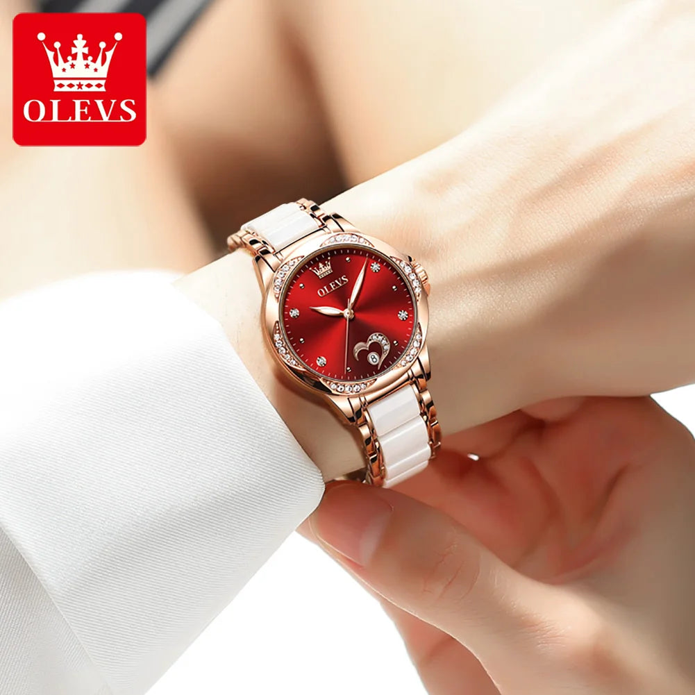 OLEVS 6631 Luxury Date Mechanical Watch For Women Original Ceramic Steel Strap Woman Wristwatch Deep Waterproof Dress Watches