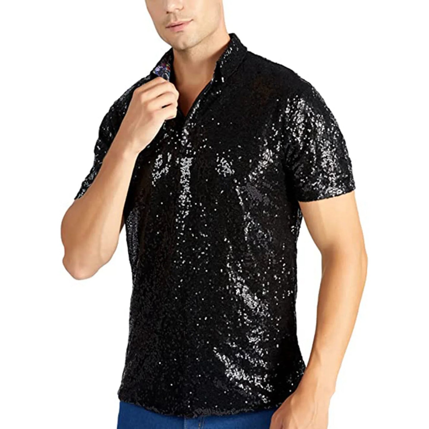 Men'S Relaxed Short Sleeve Turndown Sparkles Sequins Polos Shirts 70s Disco Nightclub Party T Shirts Shirt Men'S Clothing