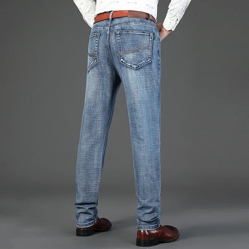 New Spring Autumn Men Classic Jeans Business Fashion Straight Regular Blue Stretch Denim Trousers Men's Smart Jeans