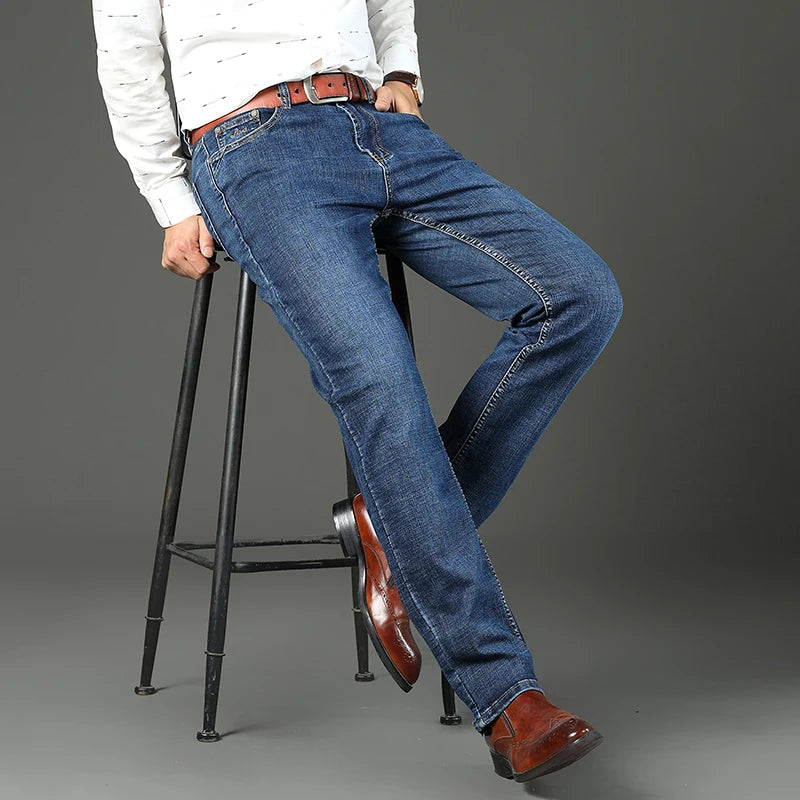 New Spring Autumn Men Classic Jeans Business Fashion Straight Regular Blue Stretch Denim Trousers Men's Smart Jeans