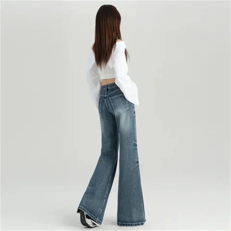 Spring/Svintage Ladies Flare Style Slim Women's Pants Mid-Waist Hip Lift Blue Jeans