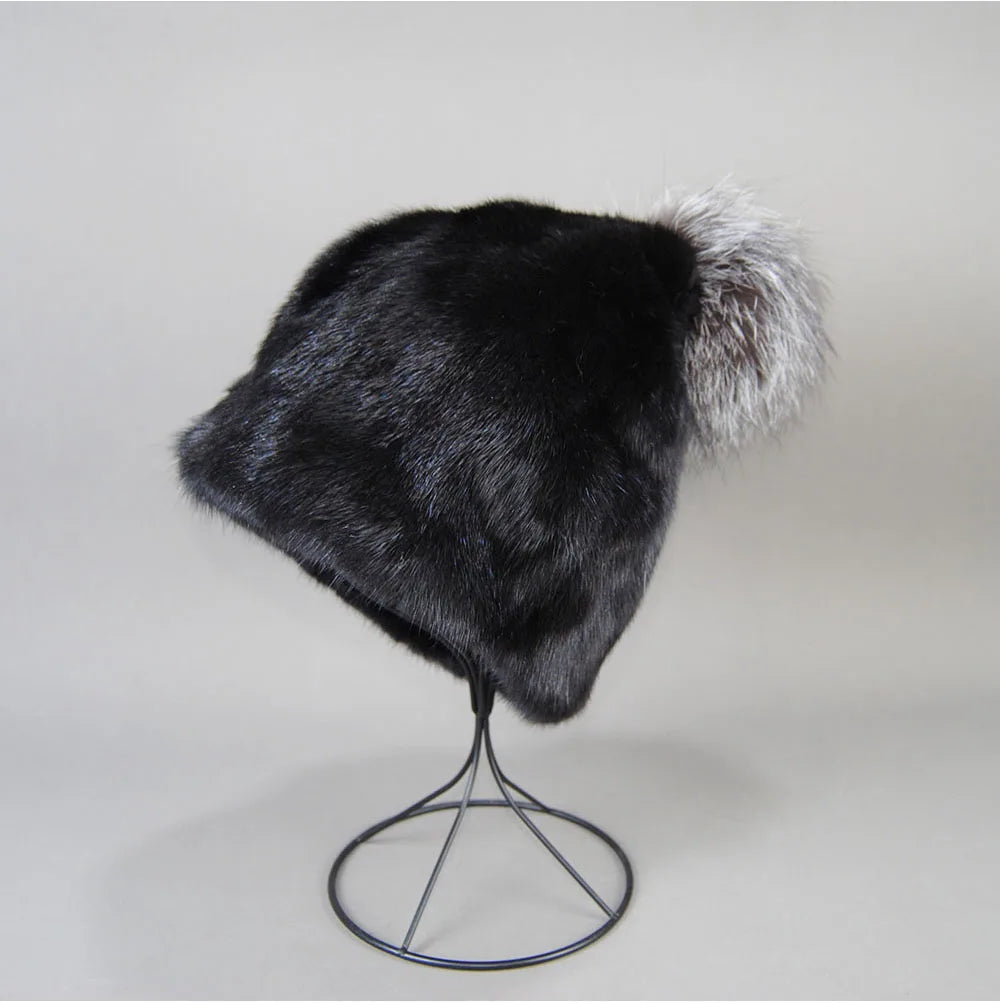 2023 Winter Real Natural Mink Fur Fox Hat for Women Thicken Warm Casual Pom New High Quality Girl Bobble  Christmas Knitted Cap