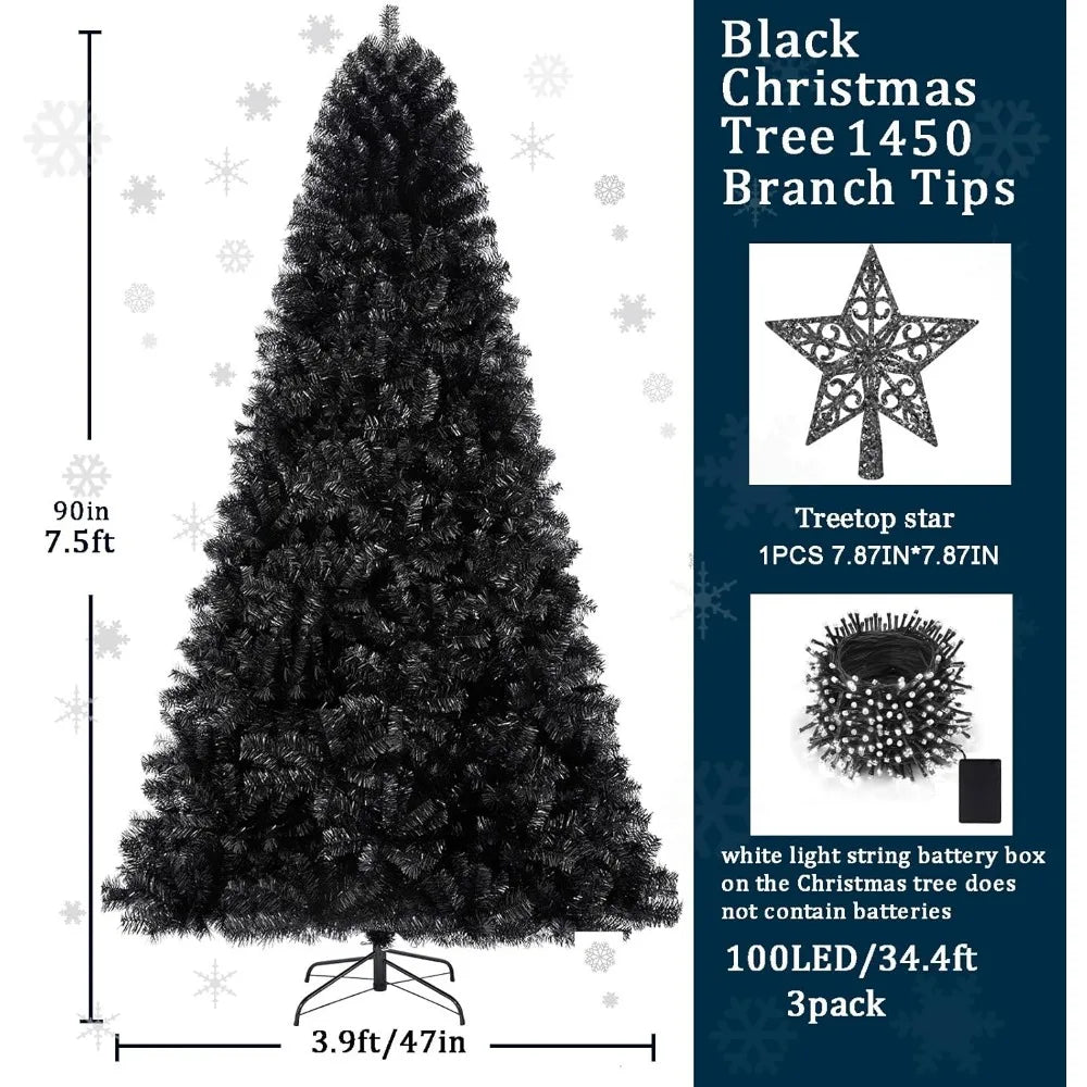 7.5ft Black Christmas Tree  Artificial Decorations with 1,450 Tips-1pcs Treetop Star, Christmas Tree Holiday Party Decorations