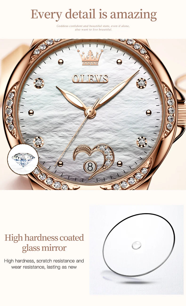 OLEVS 6631 Luxury Date Mechanical Watch For Women Original Ceramic Steel Strap Woman Wristwatch Deep Waterproof Dress Watches