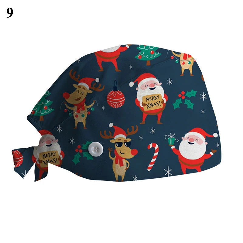 New Christmas Scrubs Caps Santa Claus Print Cap Pet Grooming Agency Work Scrubs Hat Beauty Work Hats Lab Nursing Cap