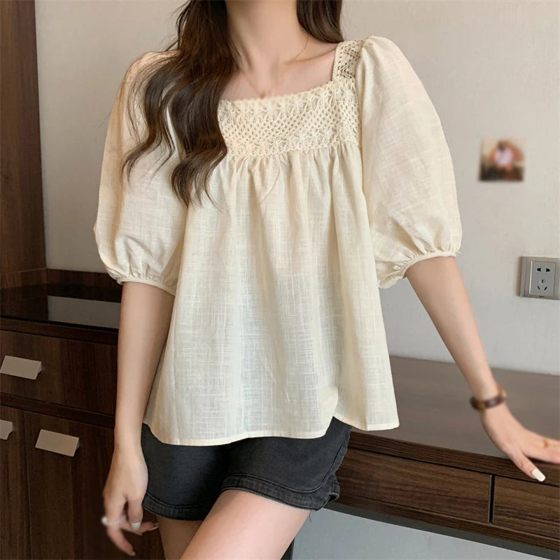 Women's Doll Shirt shirt Sweet Shirt Solid Color Square Collar Temperament Bubble Sleeves Cotton Hollow Out Design Sense