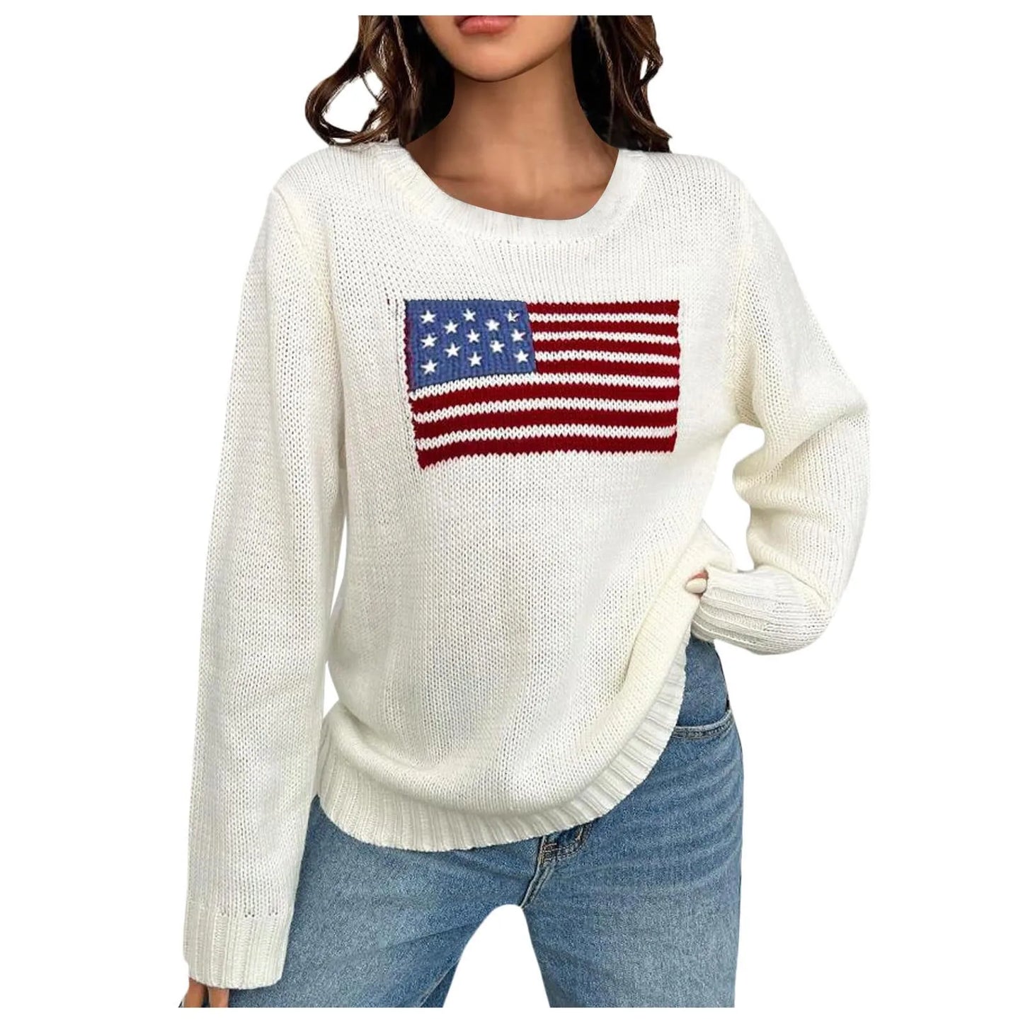 2024 New Womens Flag Print Sweater Autumn Knitted Sweater Elegant Jumper Casual O-Neck Knitwears Pullover