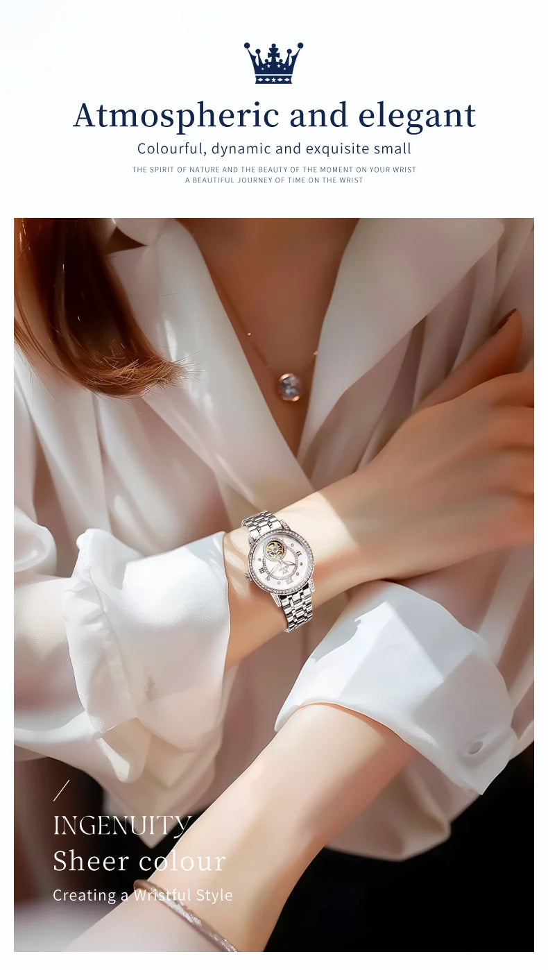 OLEVS Top Brand Women's Watches Elegant Shining Brightly Dial Original Wristwatch Waterproof Automatic Mechanical Flywheel Watch