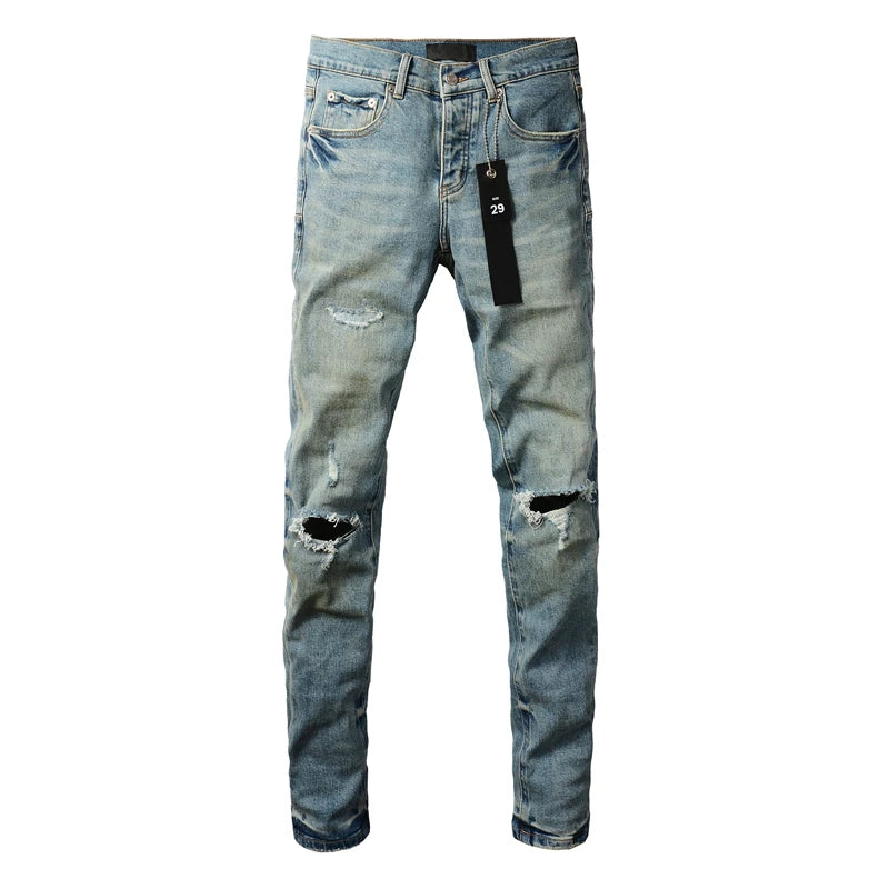 Americans High Street Style Men's Distressed Light Blue Skinny Button Fly Slim Fit Ripped Destroyed Holes Jeans