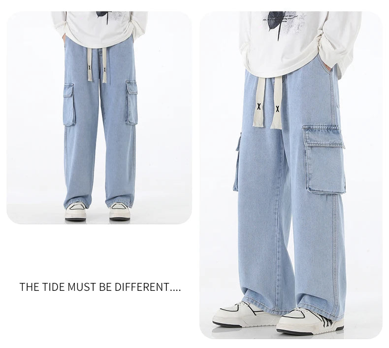 Autumn New Men Cargo Jeans Baggy American High Street Y2K Multi-pocket Youth Overalls Fashion Streetwear Vintage Wide Leg Pants