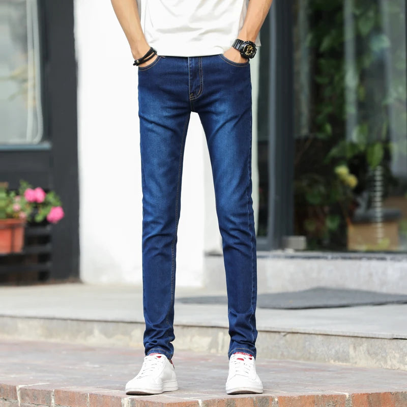 Fashion Mens Slim Fit Denim Pencil Pants High Quality Black White Skinny Stretch Jeans Mens High Street Jeans Four Season