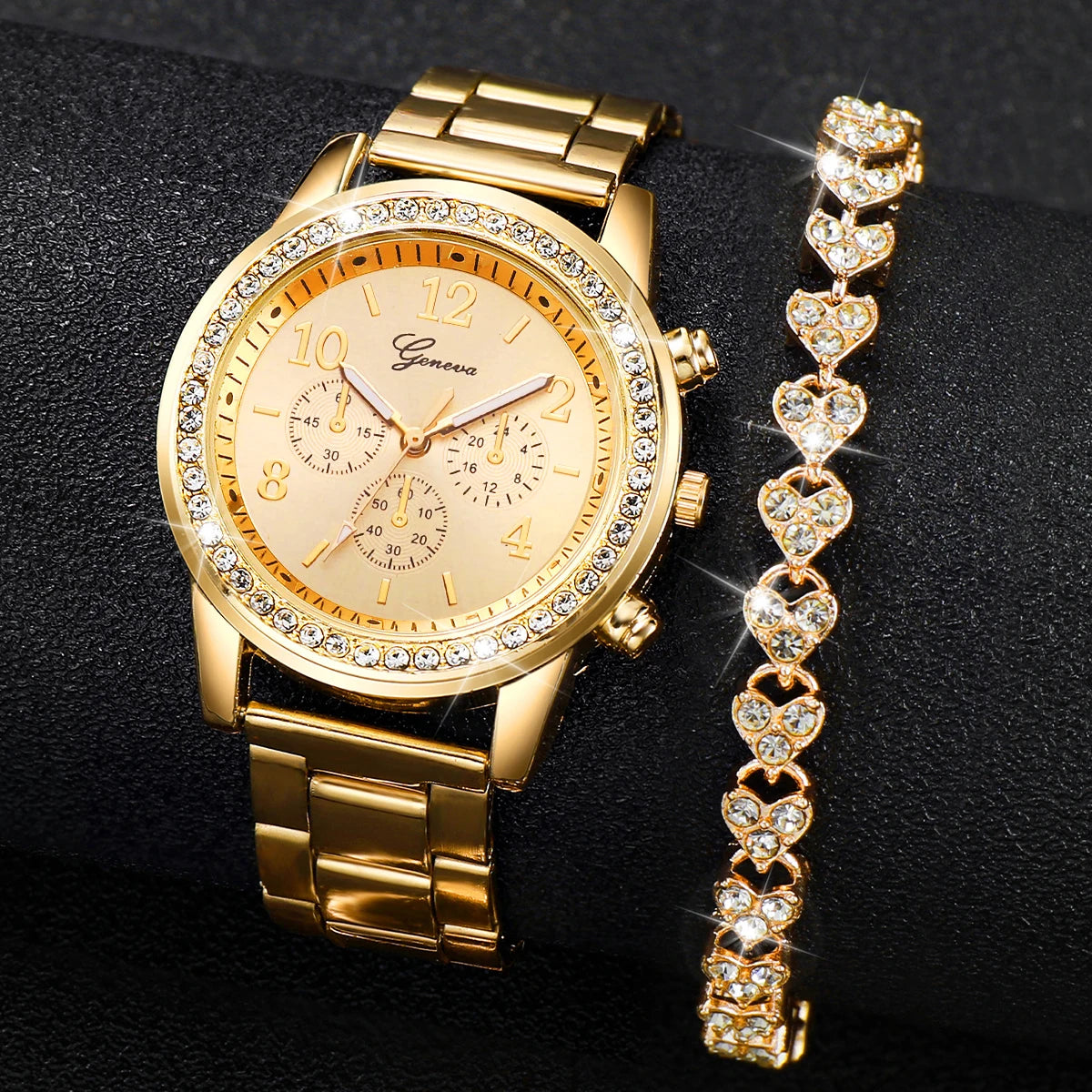 Fashion Women Stainless Steel  Gold Color Quartz Watch & Diamond Bracelet