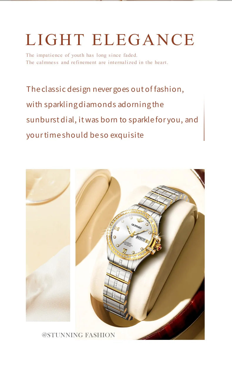 OUPINKE NEW Elegant Watch for Ladies Diamond Strap Stainless steel 50ATM Waterproof Dual Calendar Display Wristwatch Women