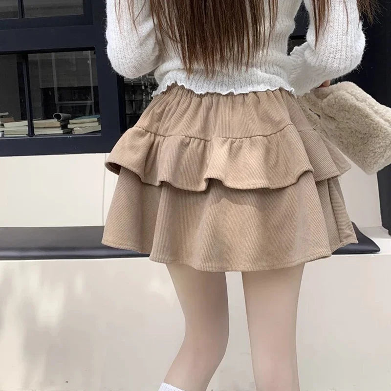 Autumn Winter, High-waisted, Solid Corduroy A-line Tutu Sweet and Versatile, Cake Skirt