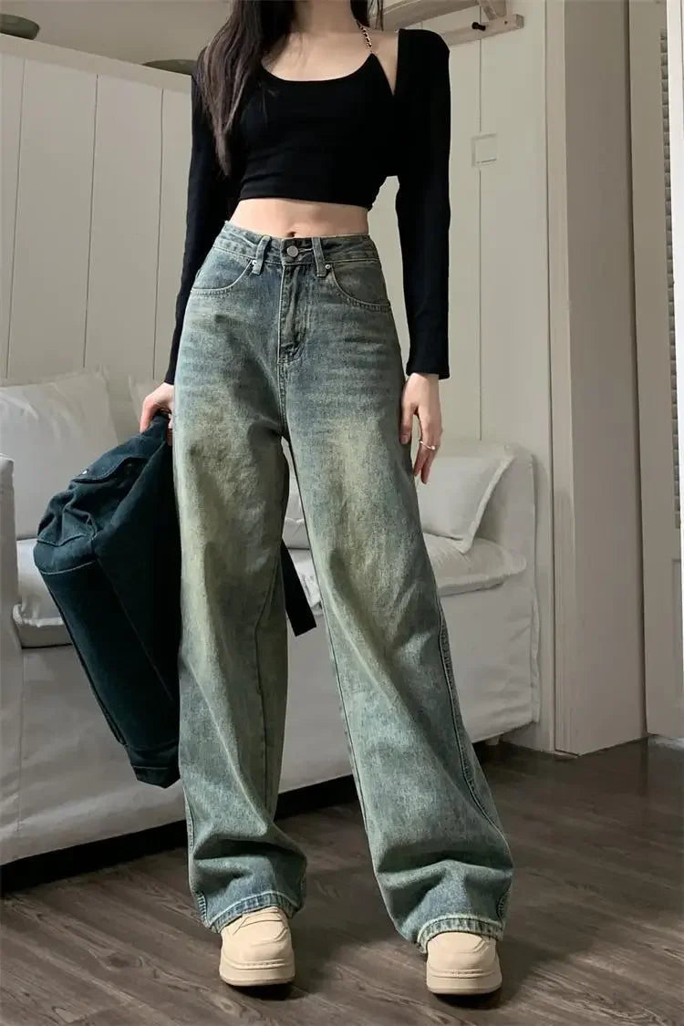 Vintage High-waisted Slimming Jeans American Style Casual Bell Bottoms Versatile Straight-leg Long Pants For Women