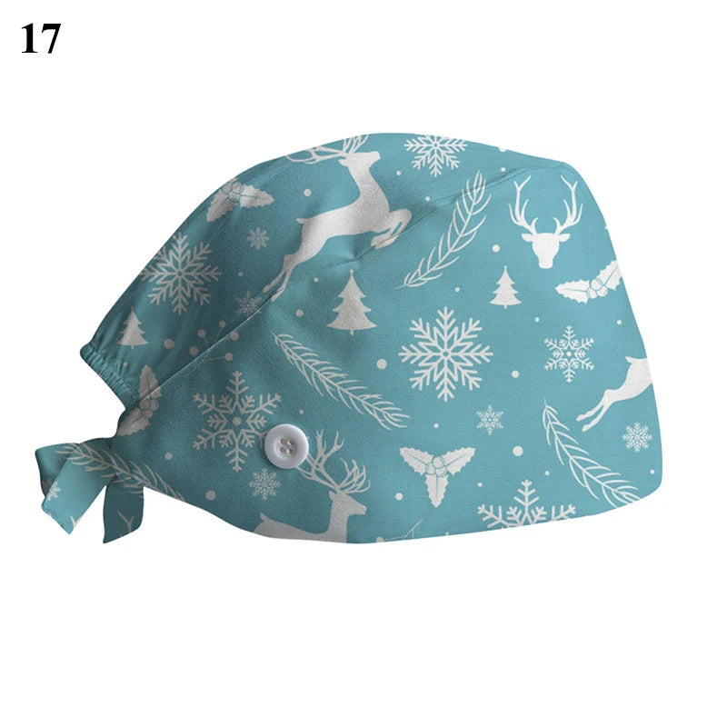 New Christmas Scrubs Caps Santa Claus Print Cap Pet Grooming Agency Work Scrubs Hat Beauty Work Hats Lab Nursing Cap