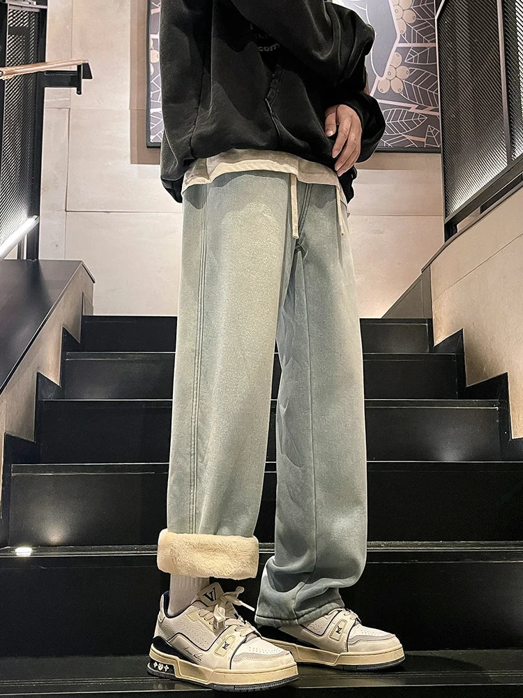 Winter Men's Jeans Korean Fashion Fleece Liner Thick Warm Straight Denim Pants Washed Cotton Retro Blue Wide Leg Jean Trousers