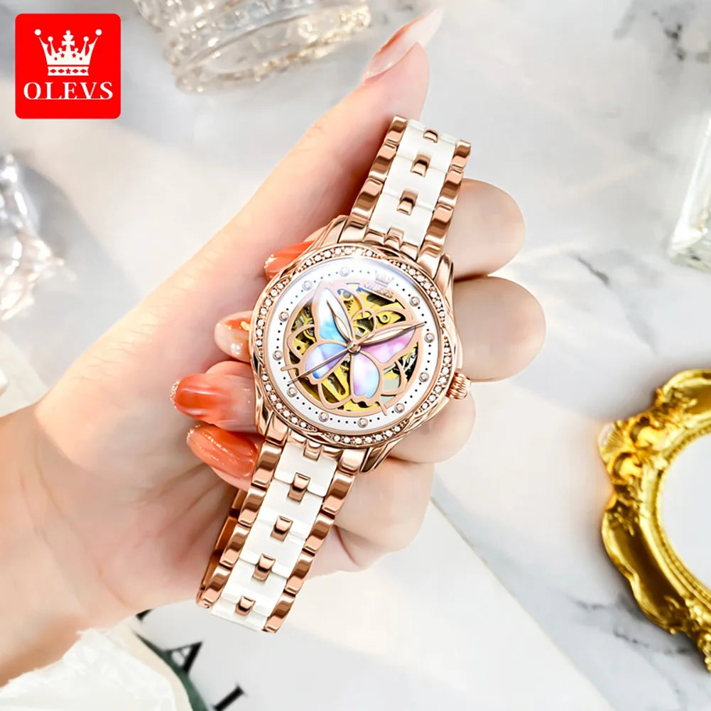 OLEVS Automatic Mechanical Watch for Women Colorful Fritillary Butterflies Luxury Elegant Ceramics Watchband Ladies Wristwatches