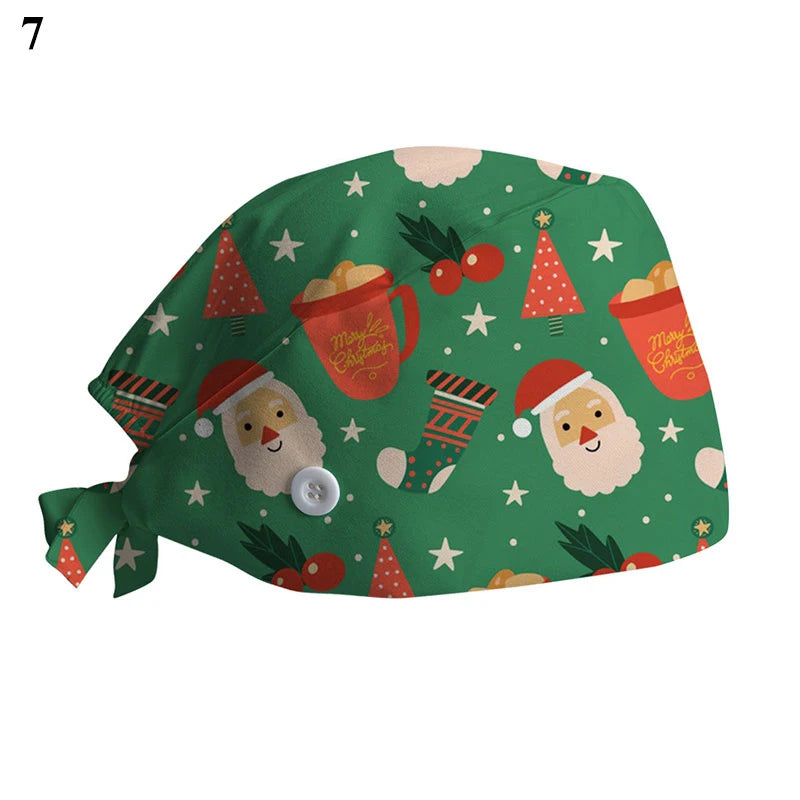 New Christmas Scrubs Caps Santa Claus Print Cap Pet Grooming Agency Work Scrubs Hat Beauty Work Hats Lab Nursing Cap