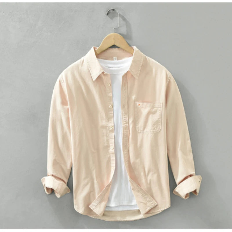 Spring Men's Casual Long-Sleeved Shirt, Versatile Japanese Style Simple Fashion Shirt, Youth Loose Trendy 100% Cotton Coat