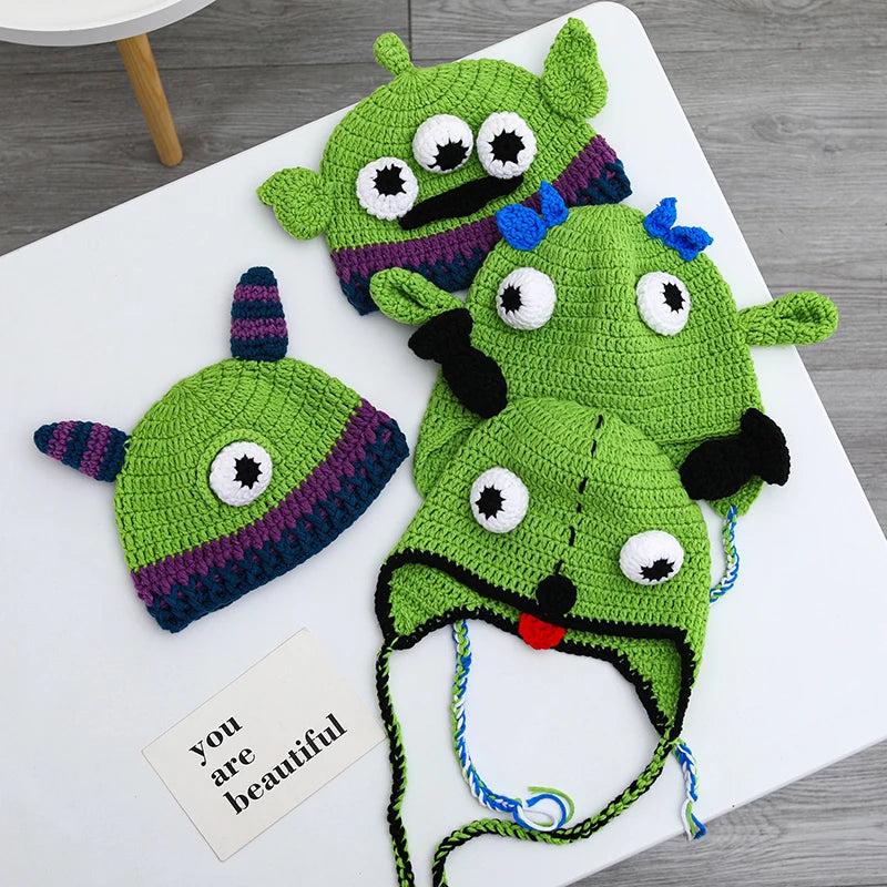 2022 New Balaclava Monster Wool Winter Knitted Devil Hats Halloween Christmas Gifts Winter Warm Green Party Funny Cap Shrek Hat