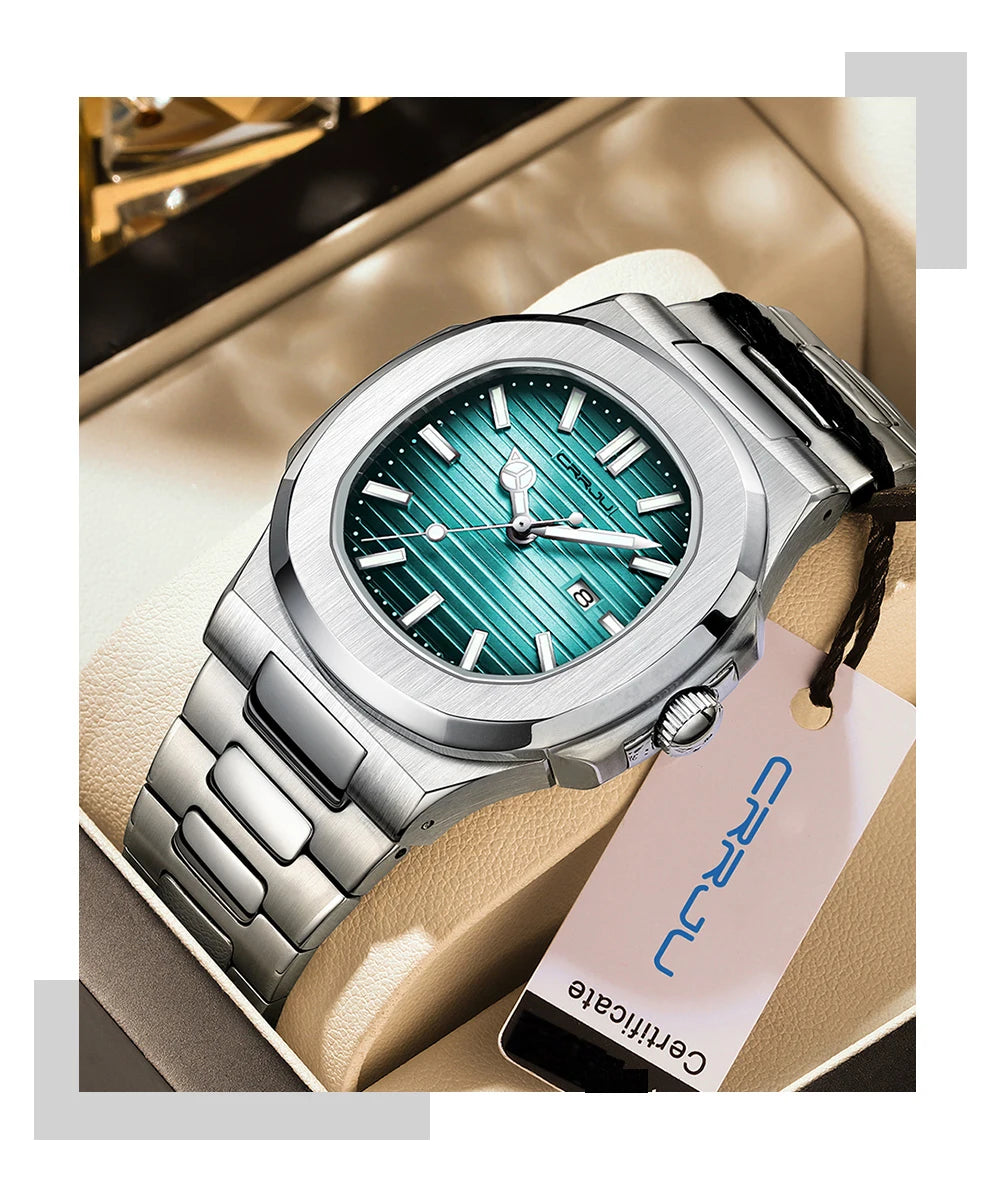 CRRJU Luxury Man Wristwatch Business Stainless Steel Quartz Men Watch Waterproof Luminous Date Square Men's Watches Clock