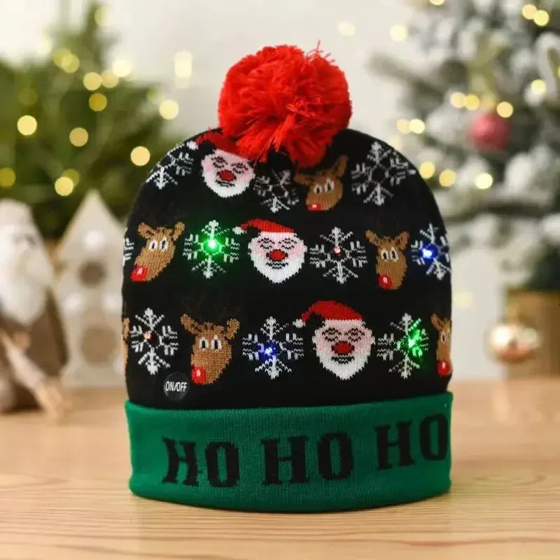 1pc LED Christmas Hat X-mas Flash Light Up Knitted Hat Warm Winter Cap Christmas Gift for Kids/Adults Xmas New Year Feative Hats