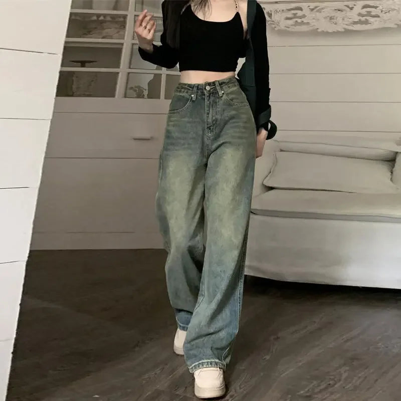 Vintage High-waisted Slimming Jeans American Style Casual Bell Bottoms Versatile Straight-leg Long Pants For Women