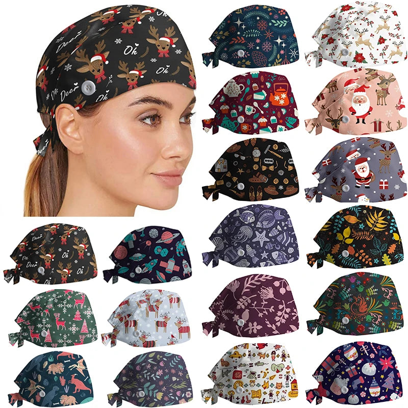 New Christmas Scrubs Caps Santa Claus Print Cap Pet Grooming Agency Work Scrubs Hat Beauty Work Hats Lab Nursing Cap