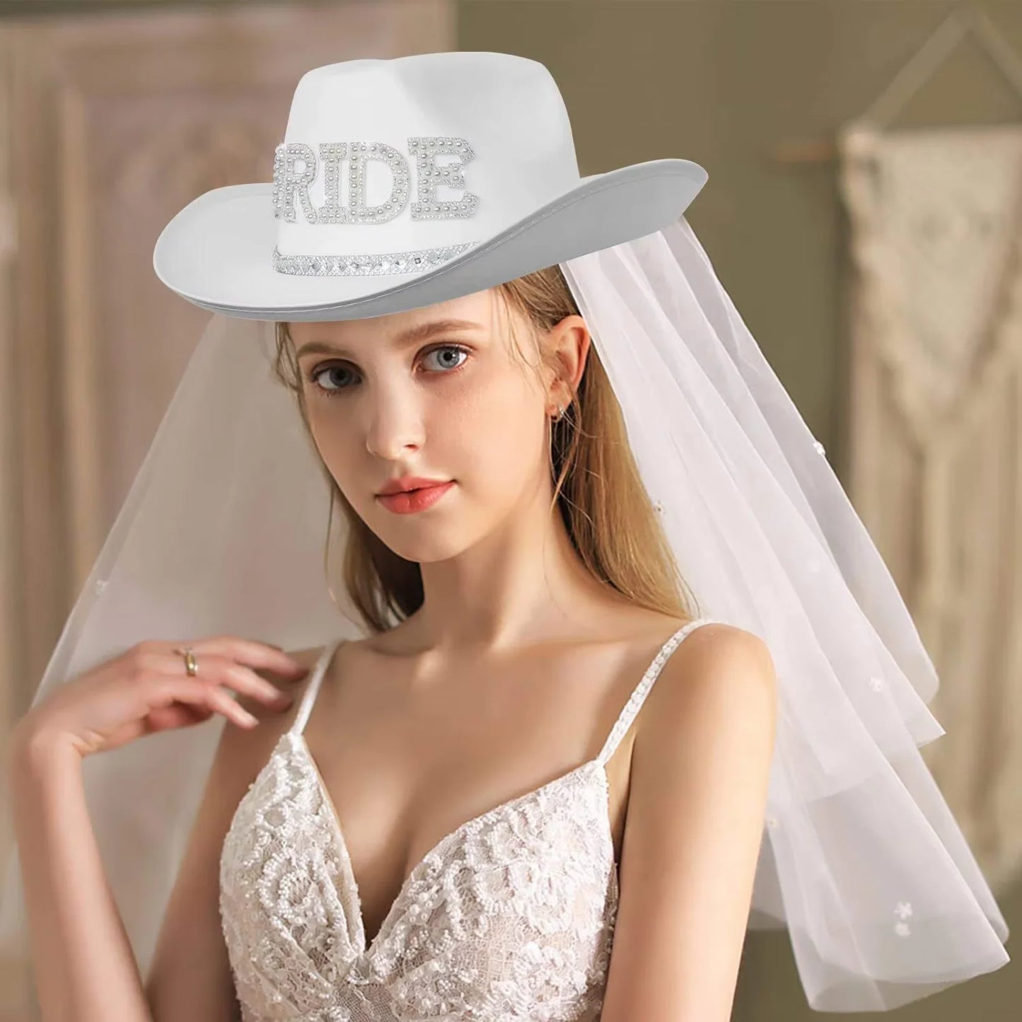 Bride's Rodeo Bridal Cowgirl Hat Bachelorette Rhinestone Cowboy Hats Veil Gift Halloween Costume